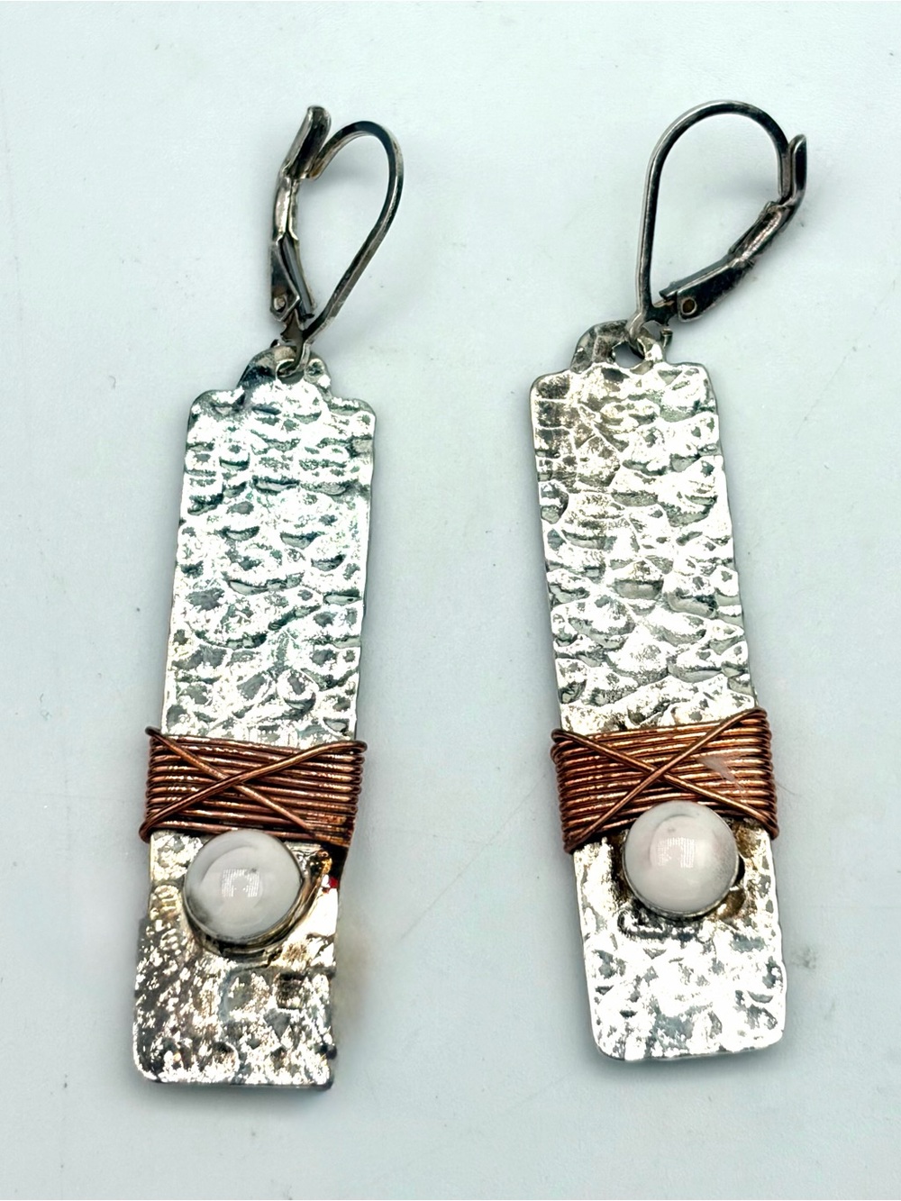 Handcrafted Silver-Tone Hammered Bar Earrings with Copper Wrap and White Bead